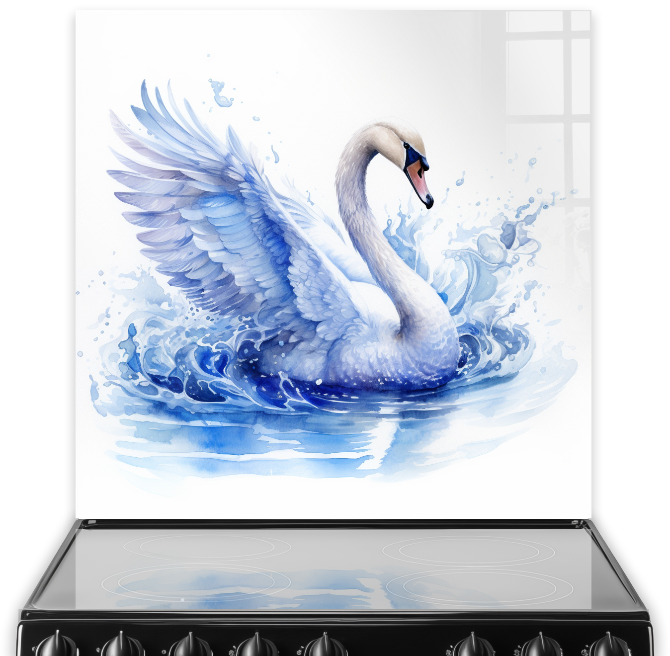 A kitchen splashback featuring a painted swan with blue and white feathers amidst splashes of blue water, above a modern stove.