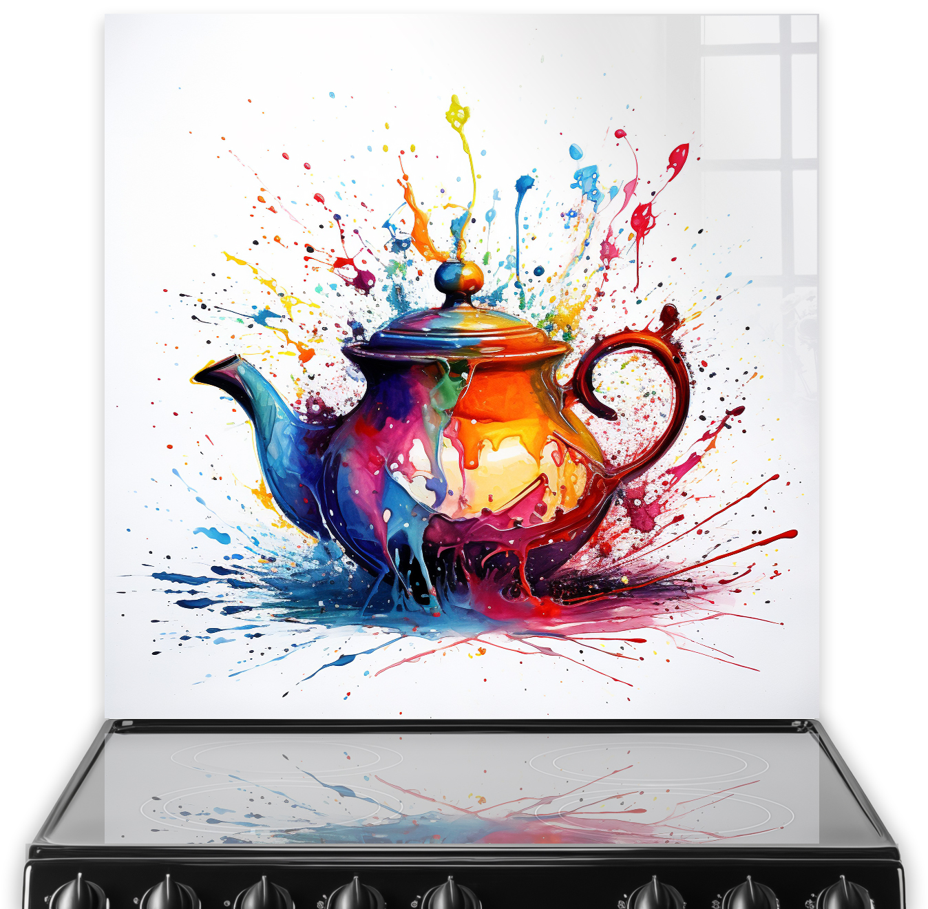 Colourful teapot with swan designs in a splash of paint on a kitchen splashback