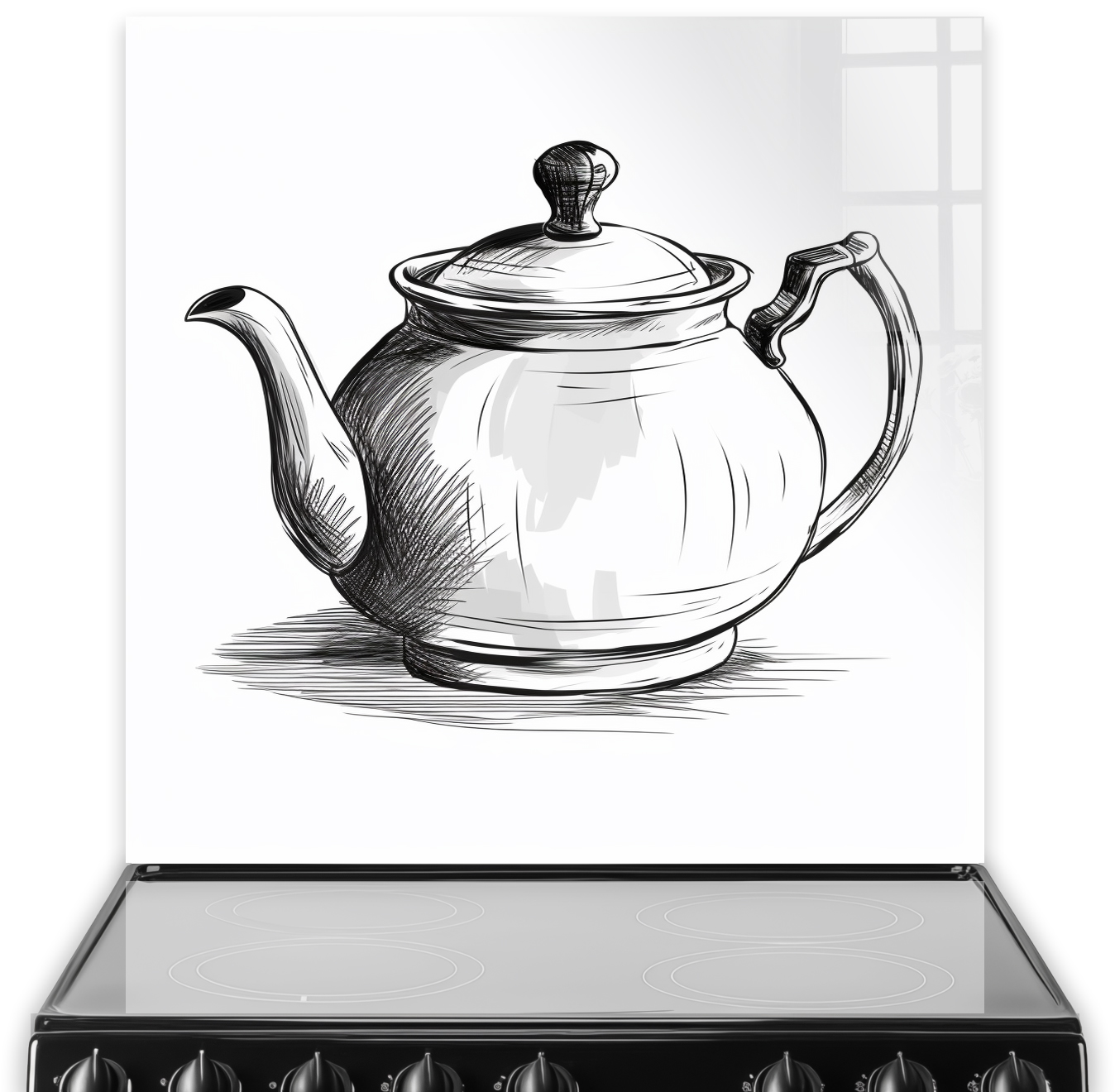 Monochromatic teapot sketch on kitchen splashback above stove