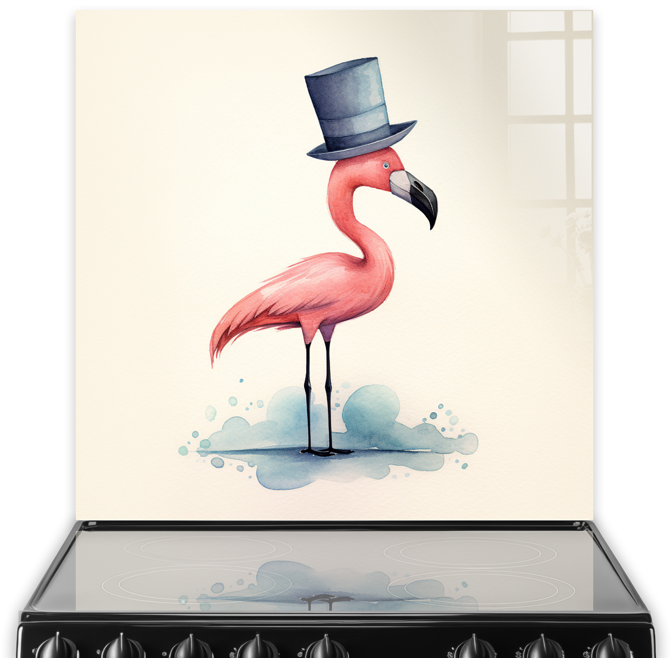 Sir Pink Feathersworth flamingo with top hat kitchen splashback art in pastel colours
