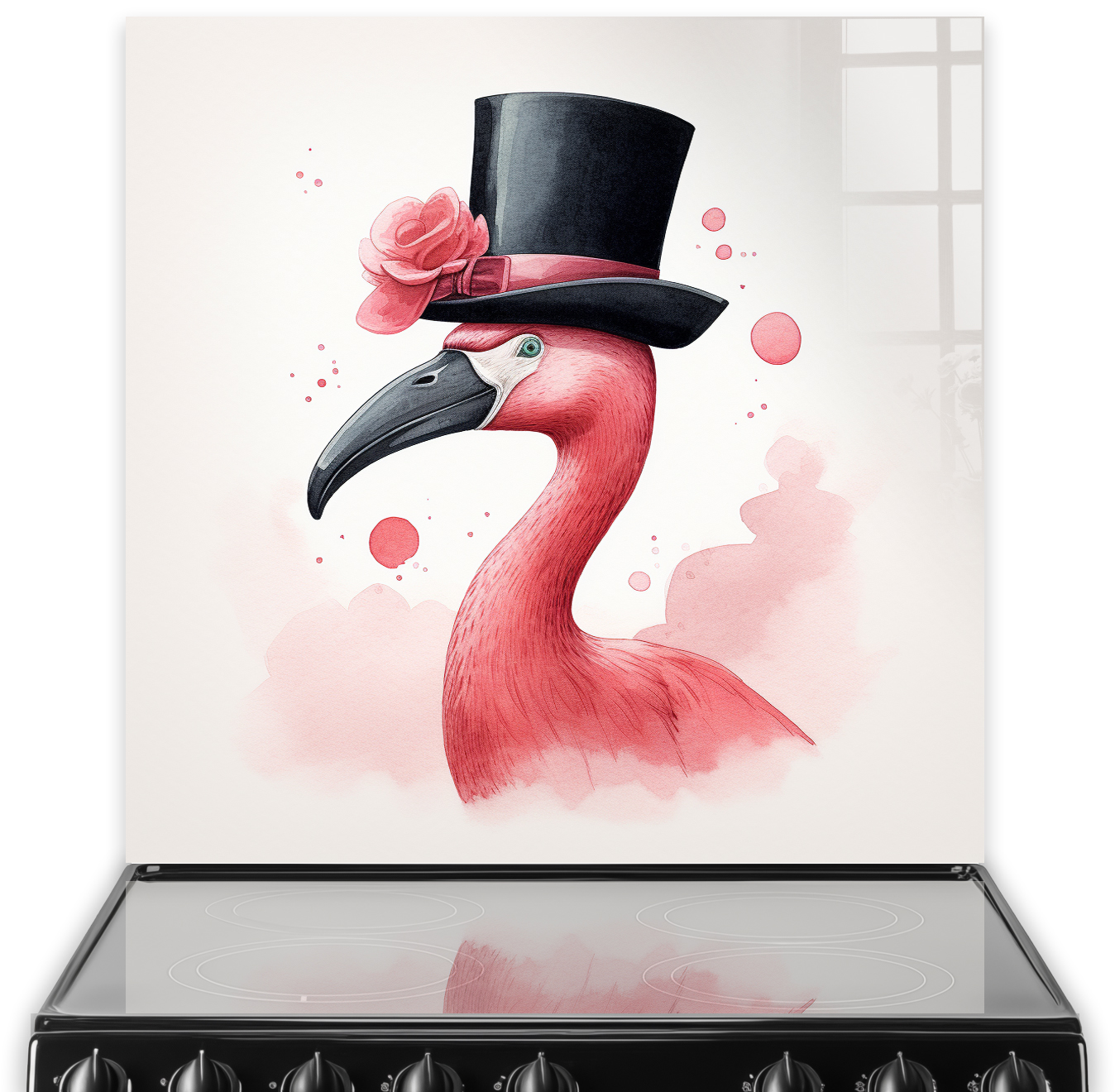 Whimsical pink flamingo wearing a top hat kitchen splashback art on white background