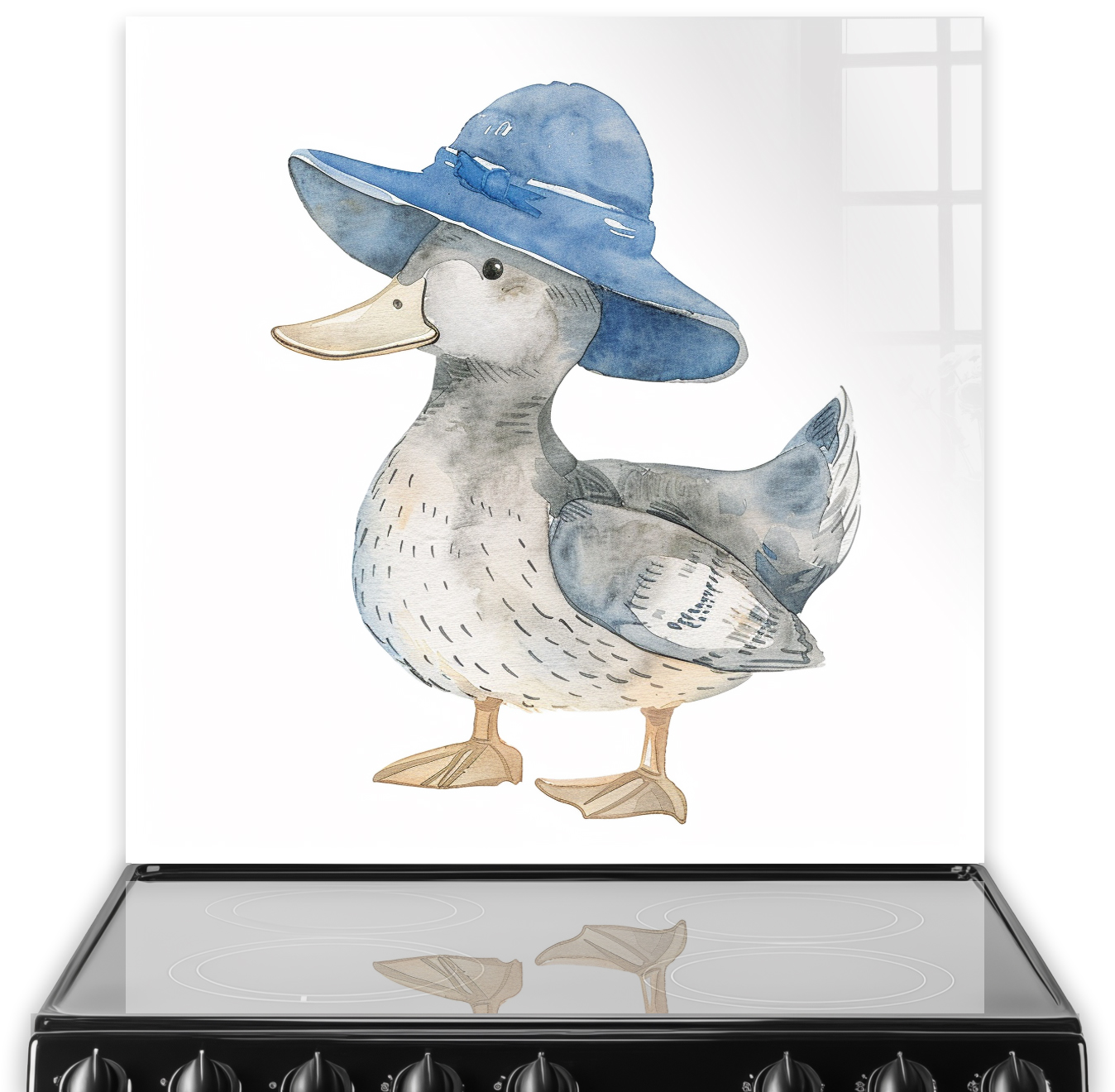 Quirky illustrated duck wearing a blue hat on kitchen splashback