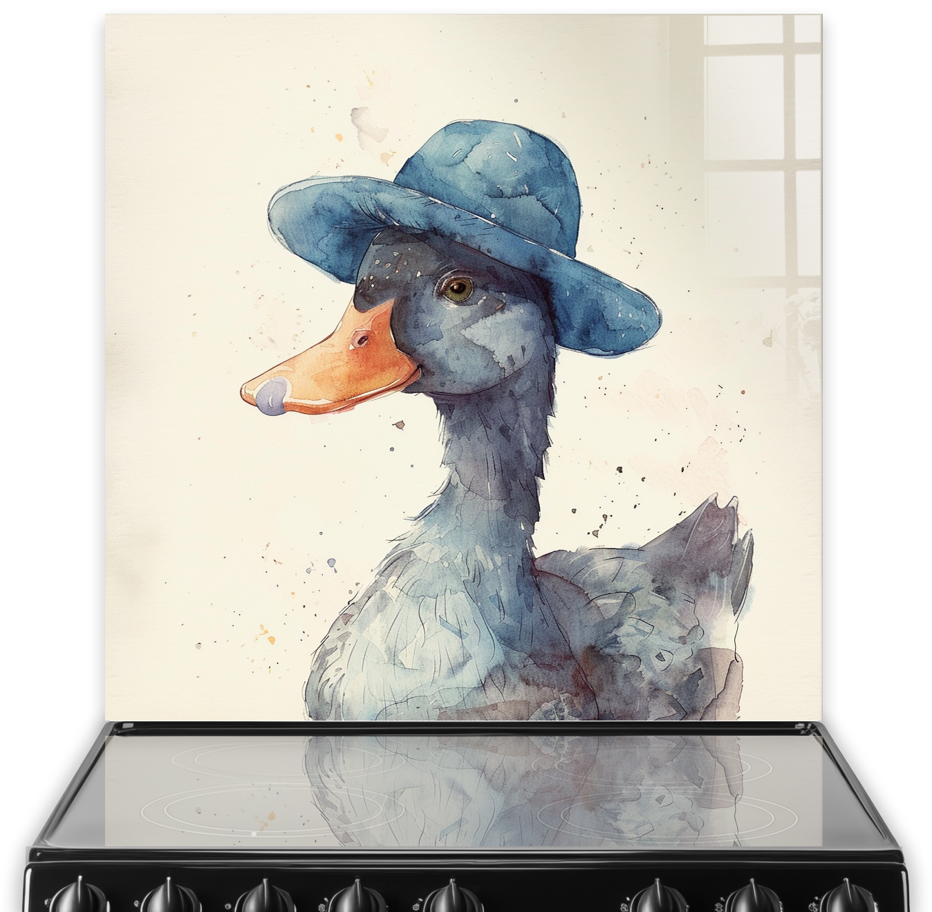 Watercolour painting of a duck wearing a blue cap as a printed kitchen splashback