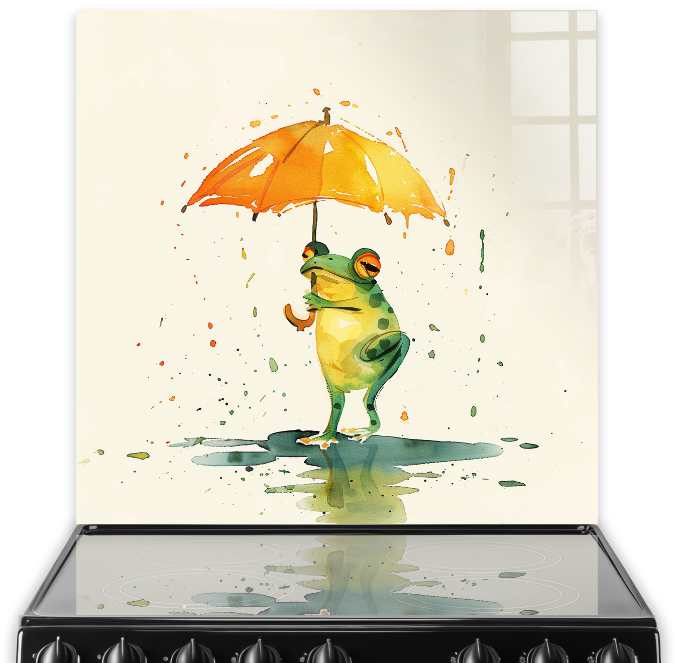 Whimsical green frog under an orange umbrella kitchen splashback art