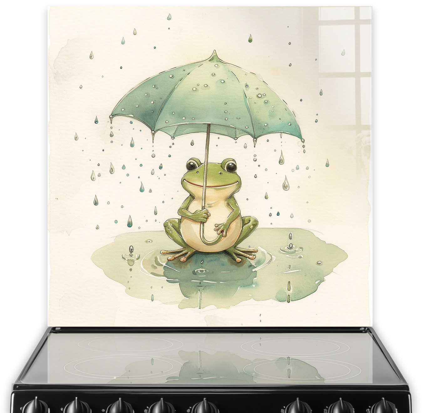 Charming kitchen splashback art of a frog under an olive-green umbrella with pastel tones and a rain shower effect.