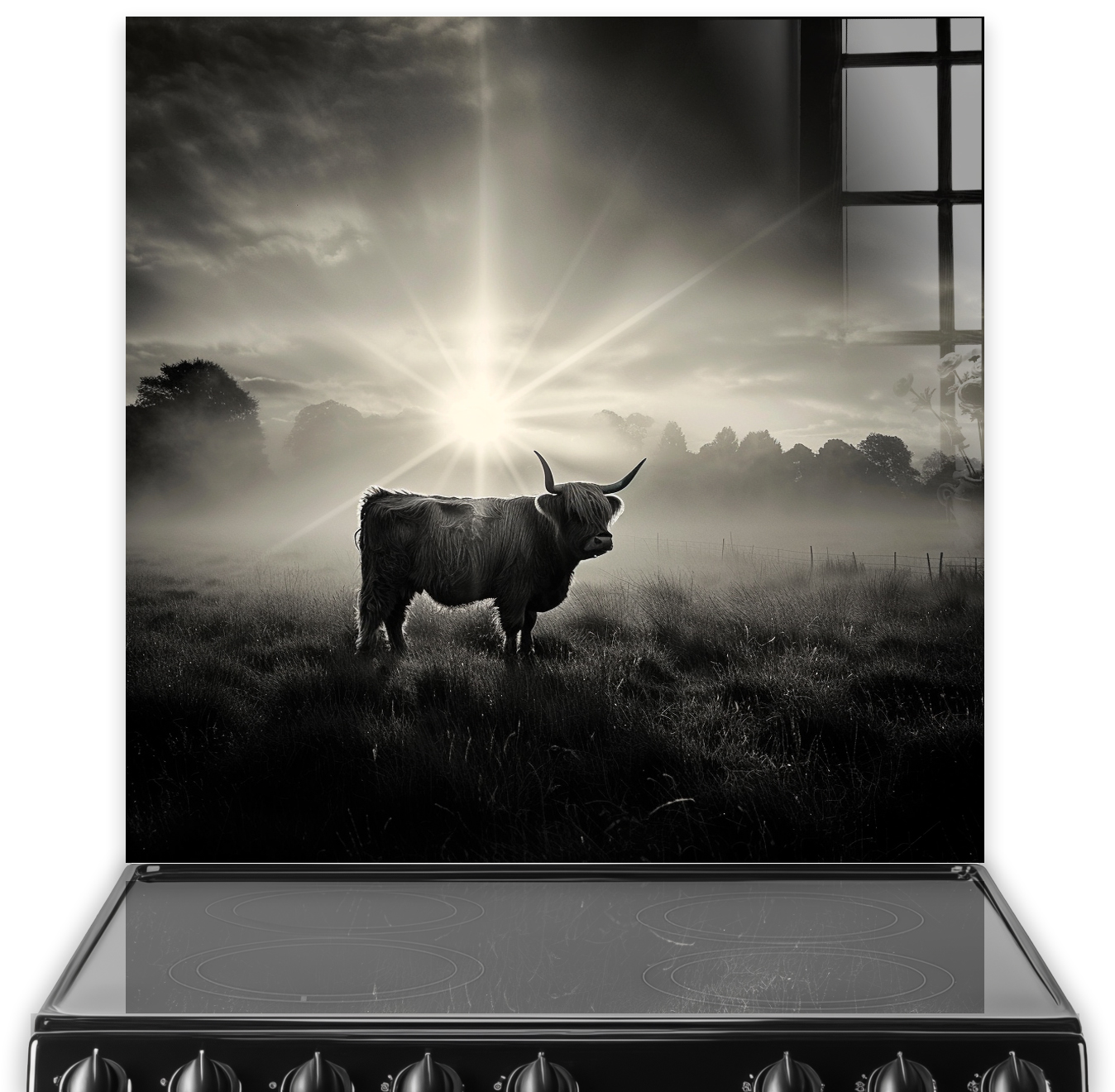Monochromatic kitchen splashback art featuring a Highland cow in misty light