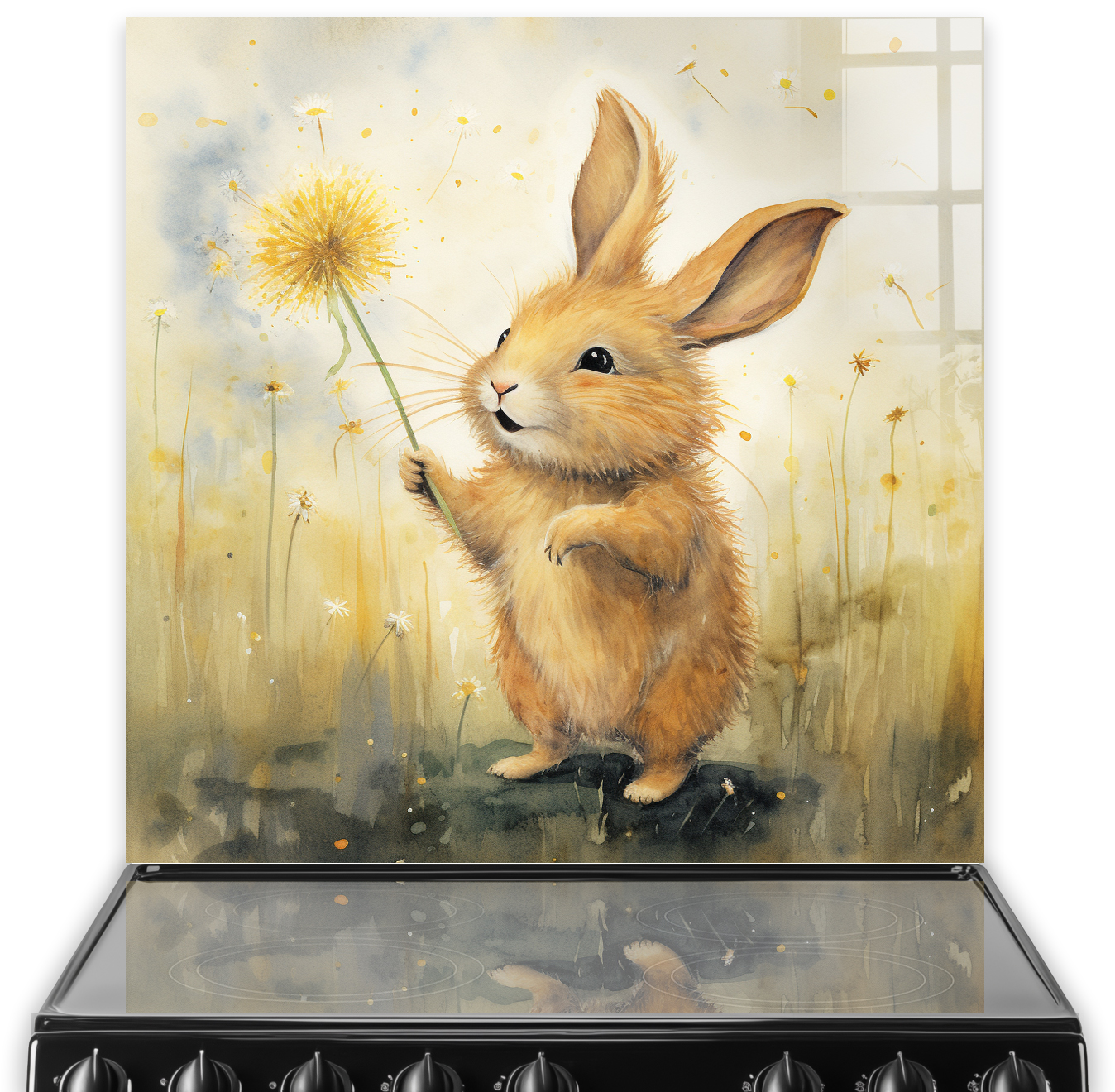 Whimsical brown hare with dandelion kitchen splashback art