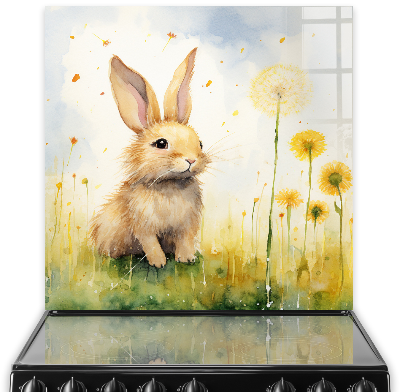 Watercolour hare illustration in a meadow on kitchen splashback