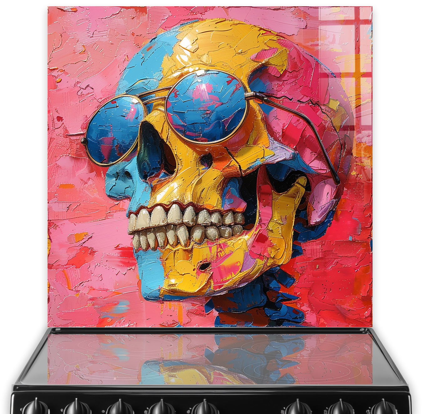 Colourful painted skull with blue sunglasses on a kitchen splashback