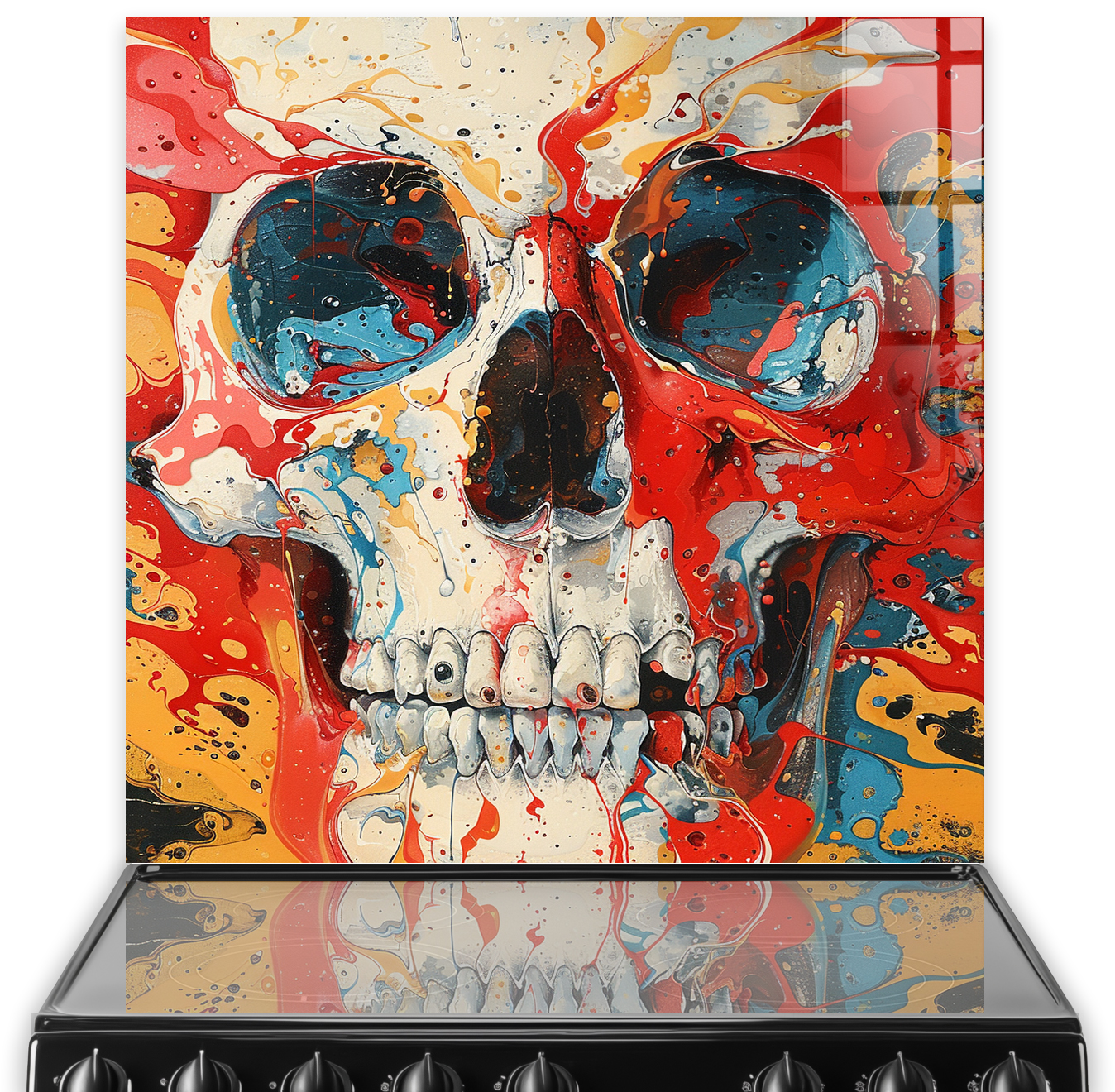 Bold and colourful skull kitchen splashback art with red, blue, and yellow accents