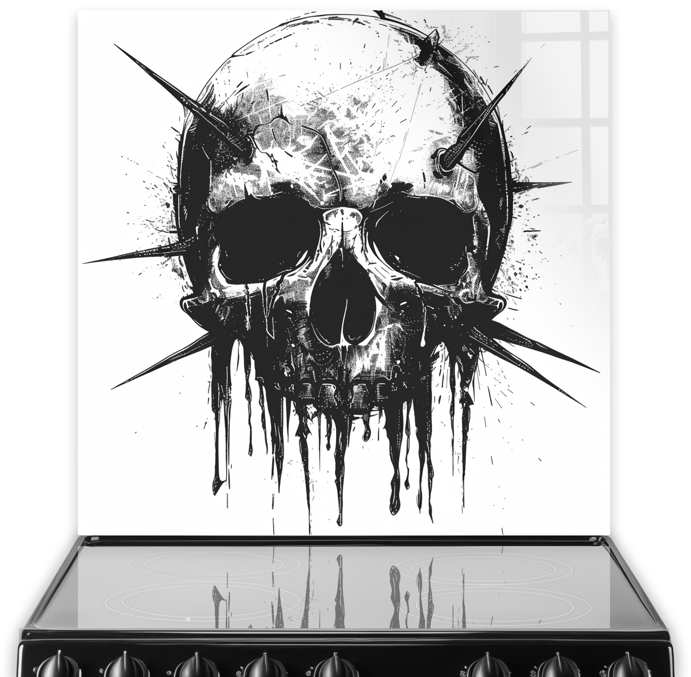 Modern monochrome skull art on kitchen splashback