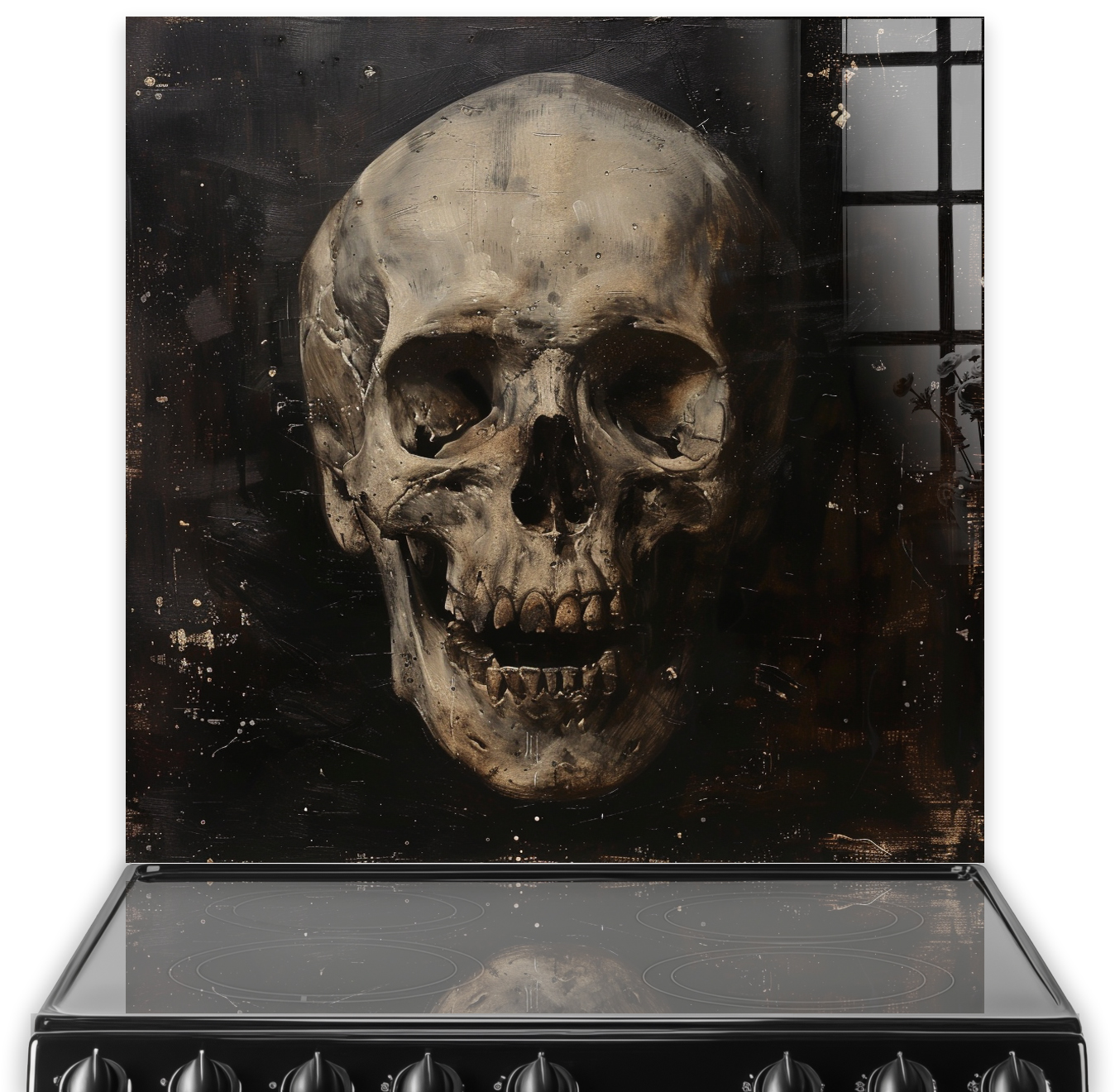 A detailed and intense skull-themed splashback art in shades of brown and black behind a black stovetop