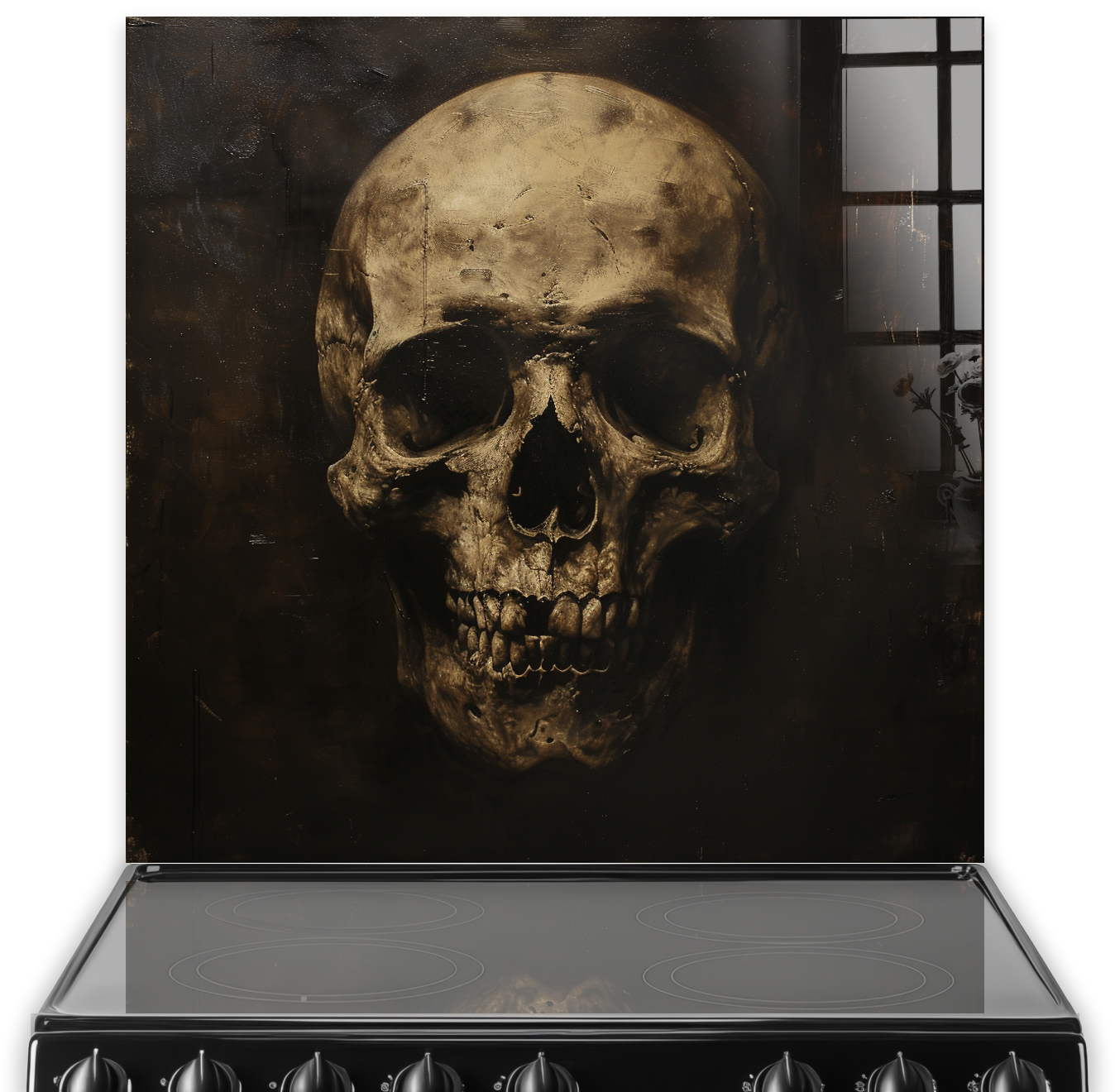 Hyper-realistic skull printed kitchen splashback in sepia and black
