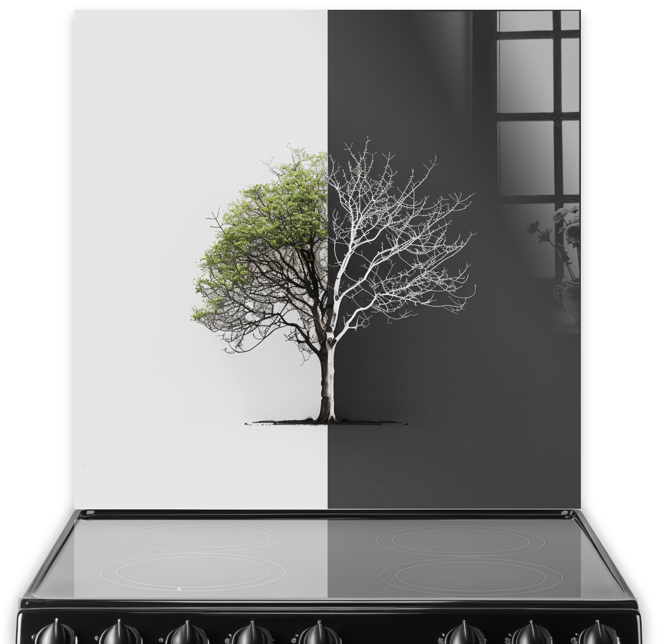 Artistic kitchen splashback with a dual-season tree design, portraying a half green and half bare tree against a grey backdrop