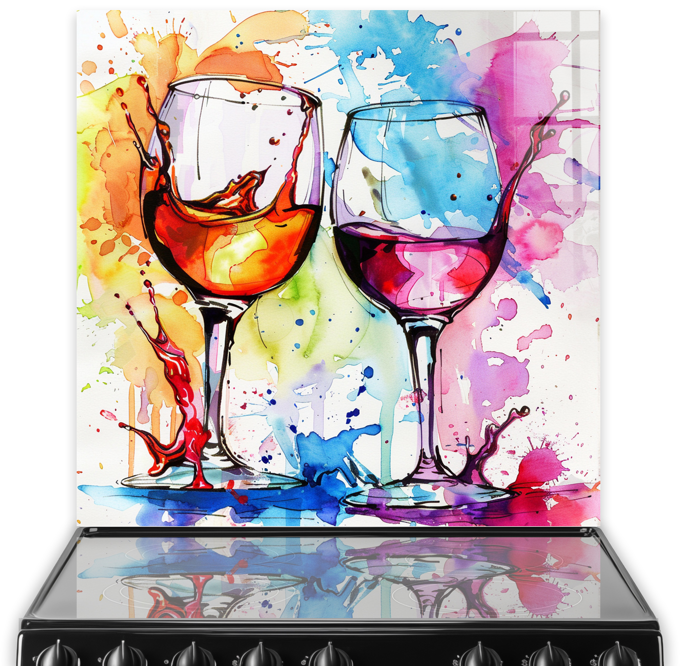 Colourful wine glass art on kitchen splashback with splashes of red, orange, blue, and black