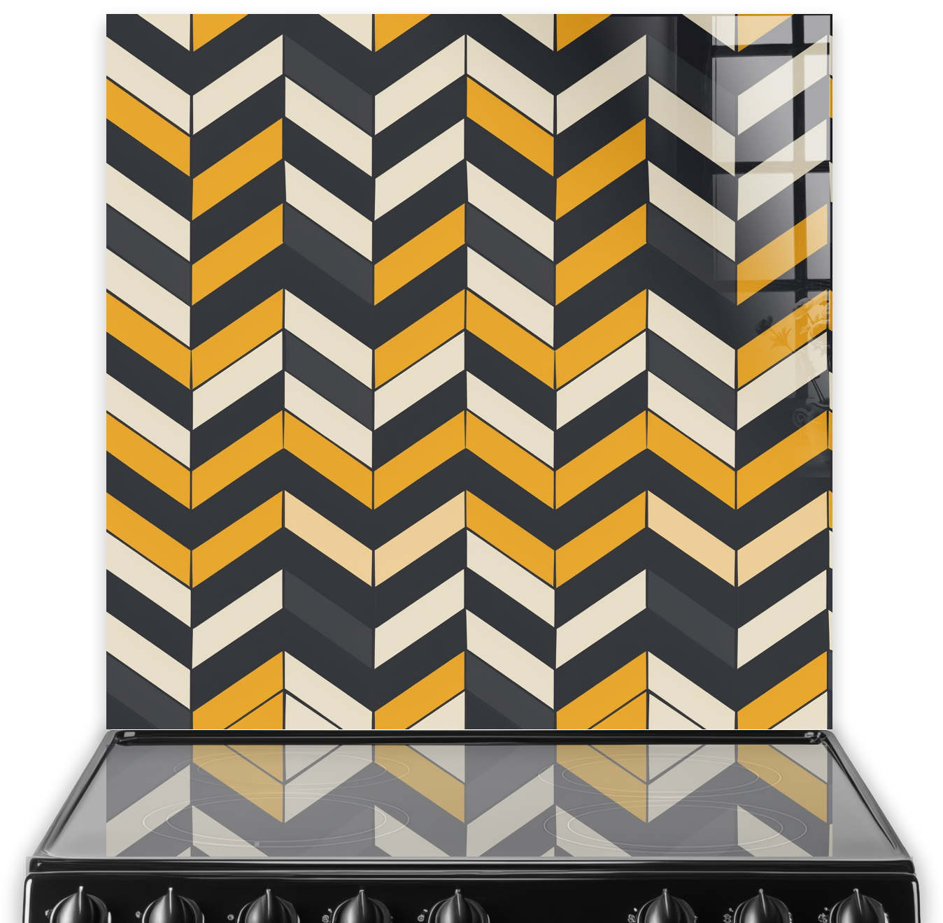Geometric chevron pattern in black, white, and gold for modern wall art
