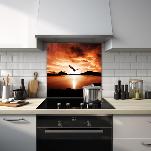 Glass splashback of a bird silhouetted against a sunset with mountain shadows.