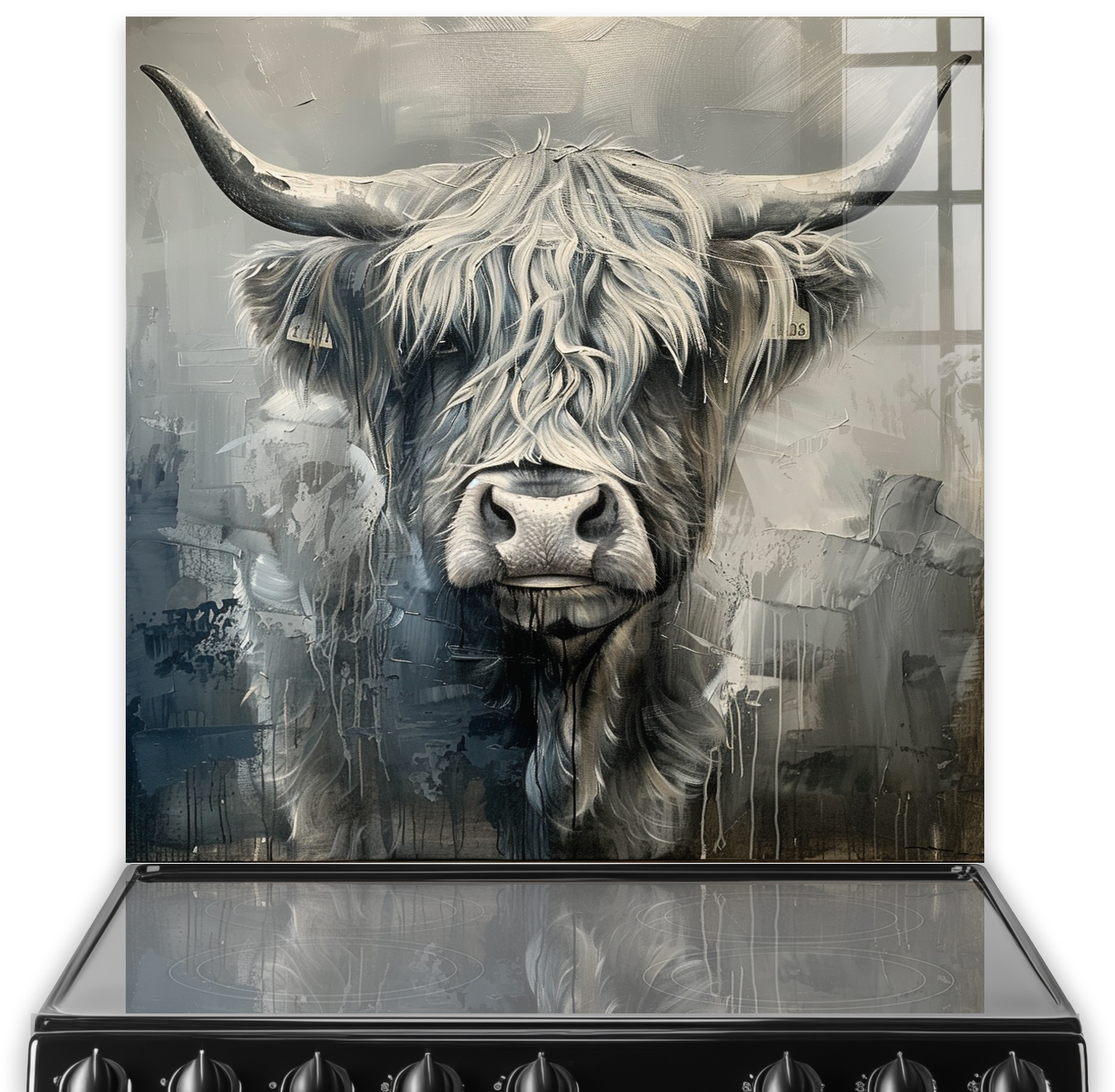 Highland cow kitchen splashback featuring  Idris in shades of grey and white with subtle sepia tones