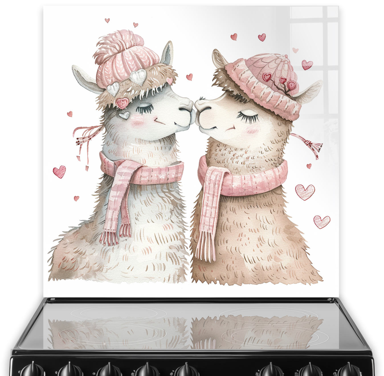 Whimsical alpacas in winter attire sharing an affectionate moment on a kitchen splashback