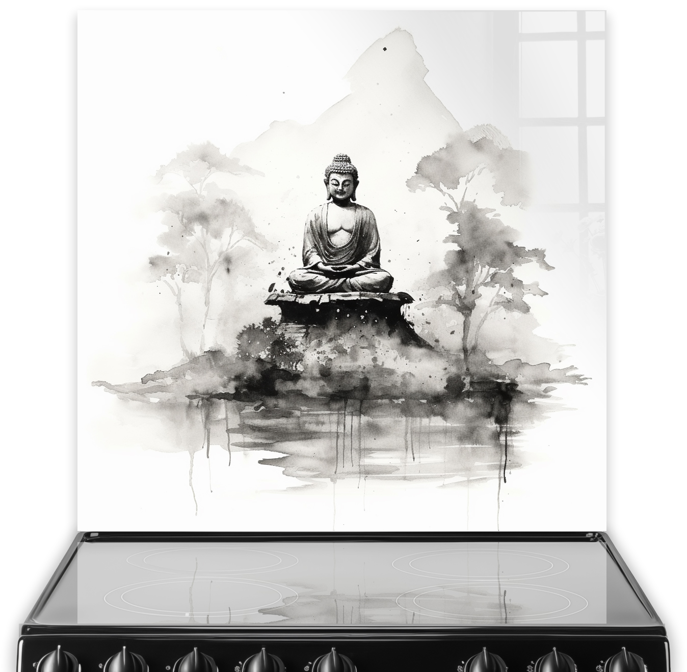 Monochrome Buddha Watercolour Design for Kitchen Splashback