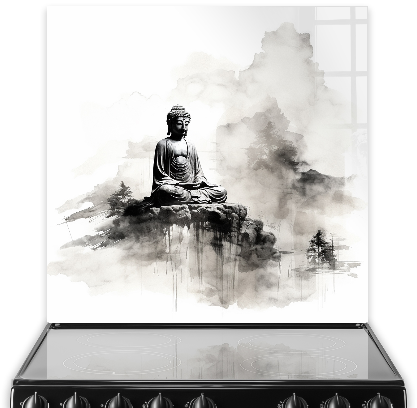 Zen Buddha Splashback Art in Monochrome for Kitchen