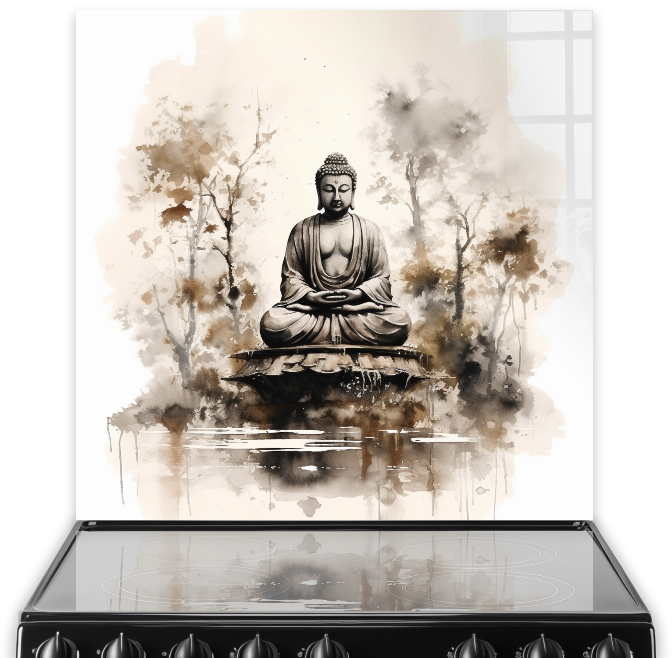 Sepia-toned Buddha in meditation for kitchen splashback art