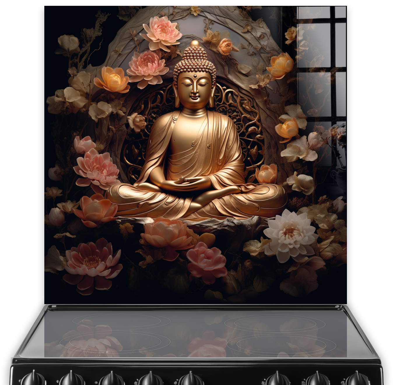 Golden Buddha in meditation with floral background printed as kitchen splashback art