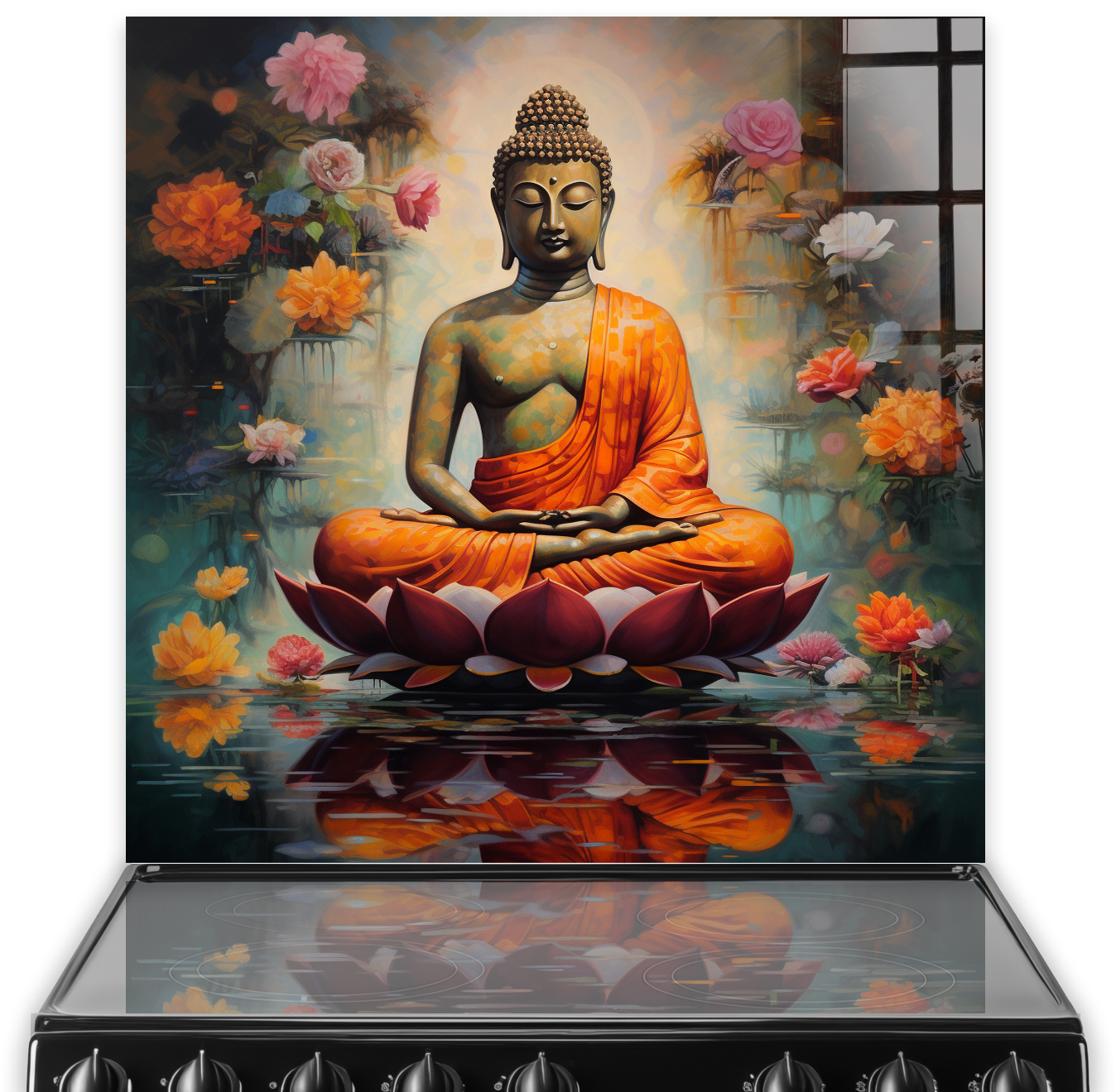 Meditative Buddha surrounded by colourful flowers printed on glass kitchen splashback