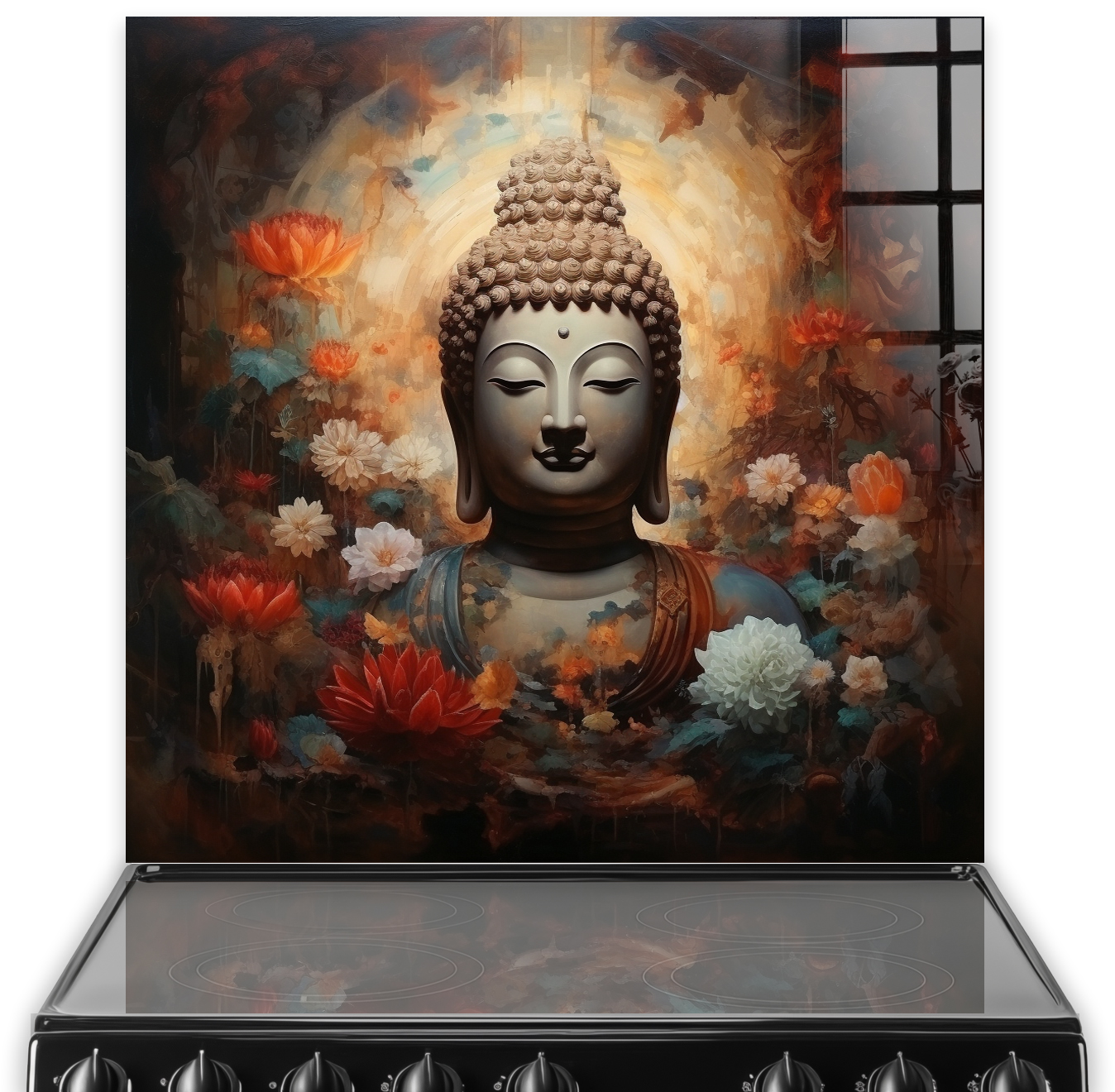 Serene Buddha and Flower Design Kitchen Splashback