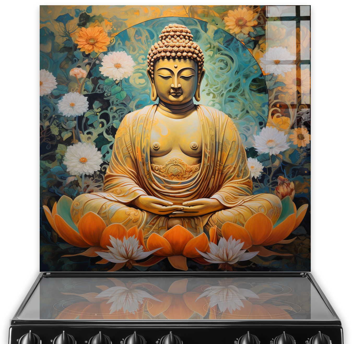 Calm golden Buddha meditating among flowers on orange and blue background splashback art