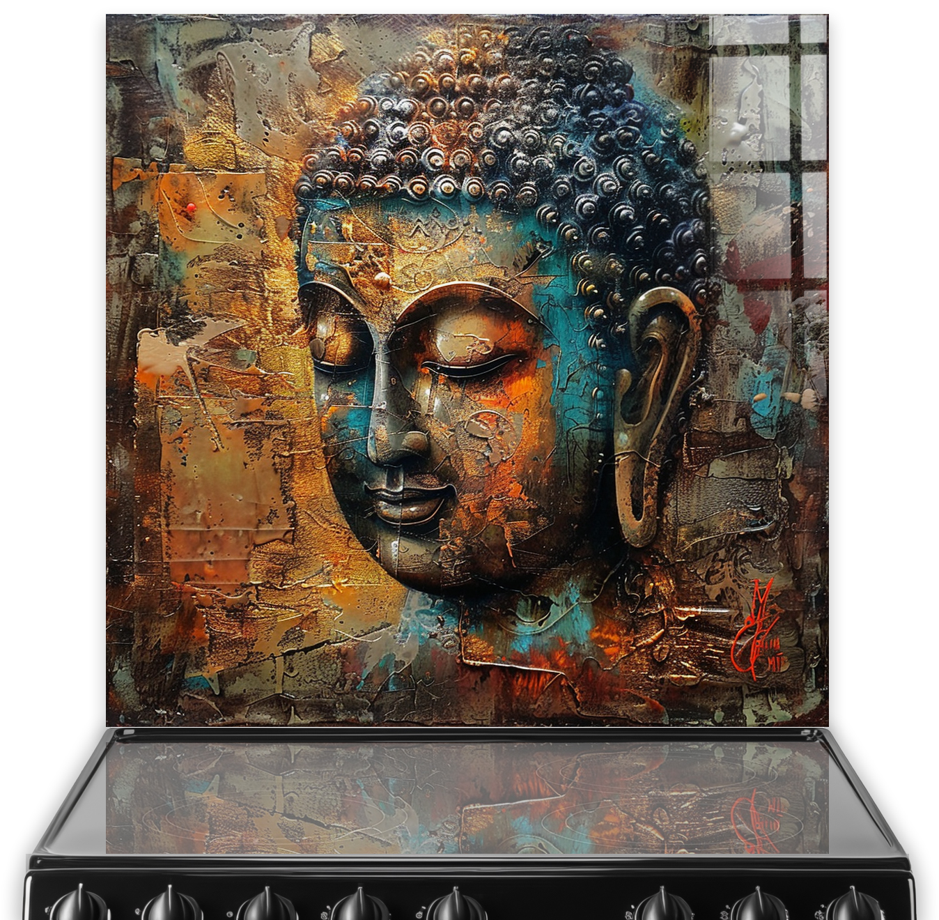 Rustic Weathered Buddha Face in Warm Earth Tones on Kitchen Splashback