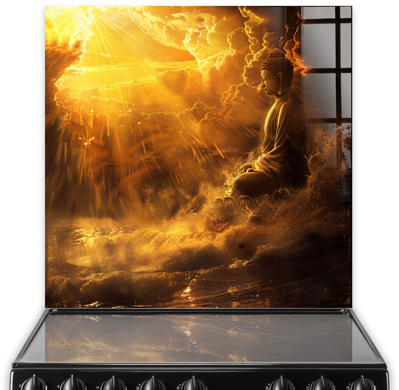 Tranquil Buddha splashback art with golden yellow sunrise and deep brown tones for kitchen decor