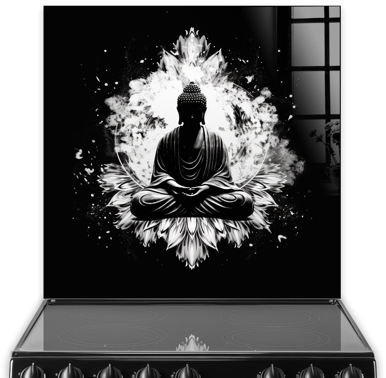Monochrome Buddha art splashback design in black and white for kitchen decor