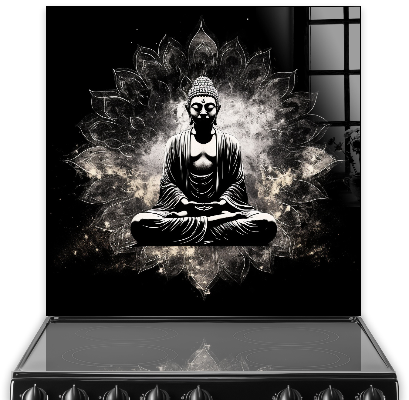 Monochrome Buddha image with lotus flower design on kitchen splashback