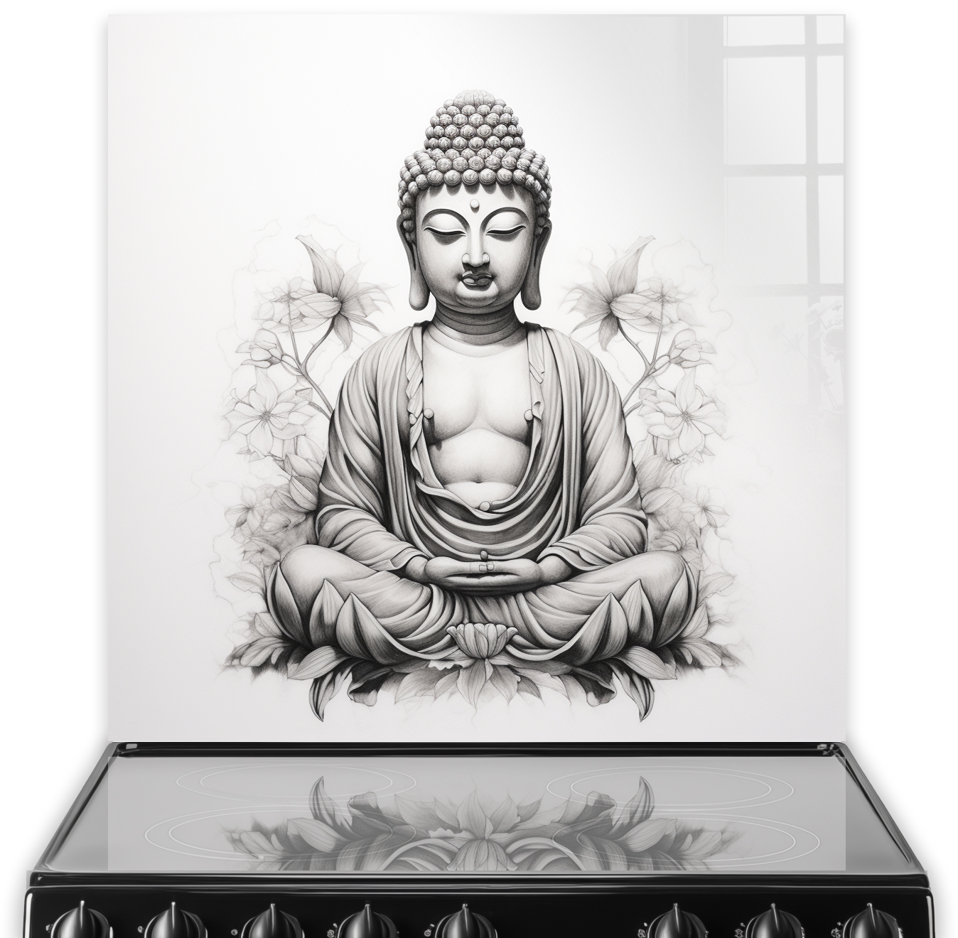 Monochrome Sketch Buddha splashback art for kitchen wall above stove