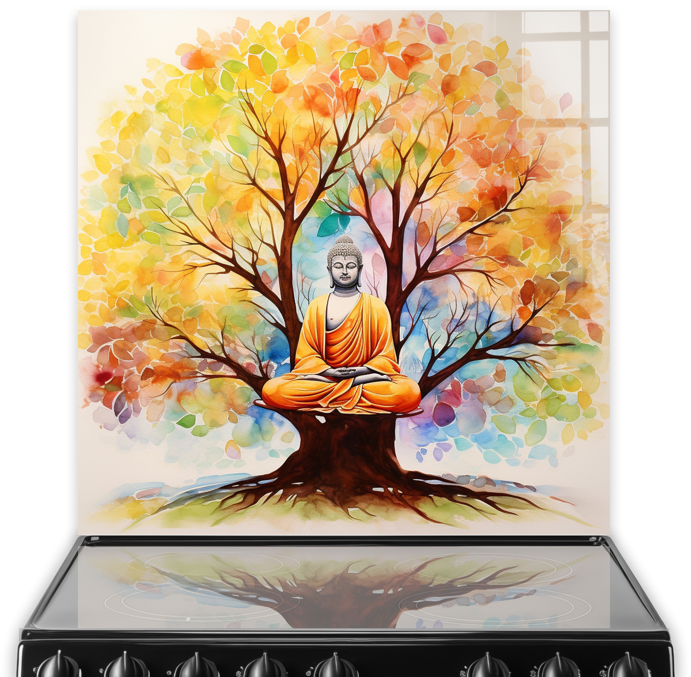 Buddha with colourful autumn tree splashback art