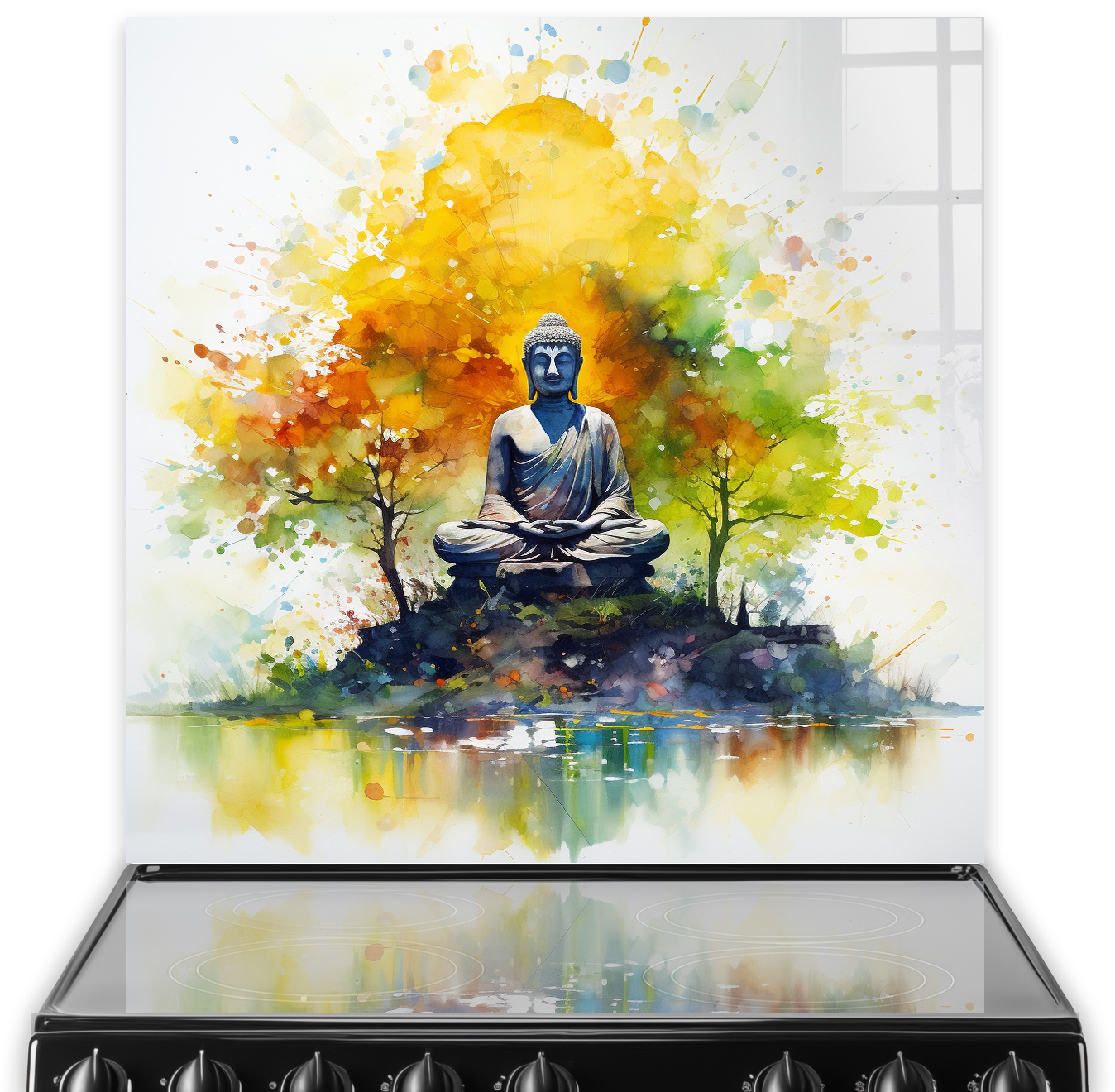 Watercolour Buddha splashback art in yellow, green, and blue hues