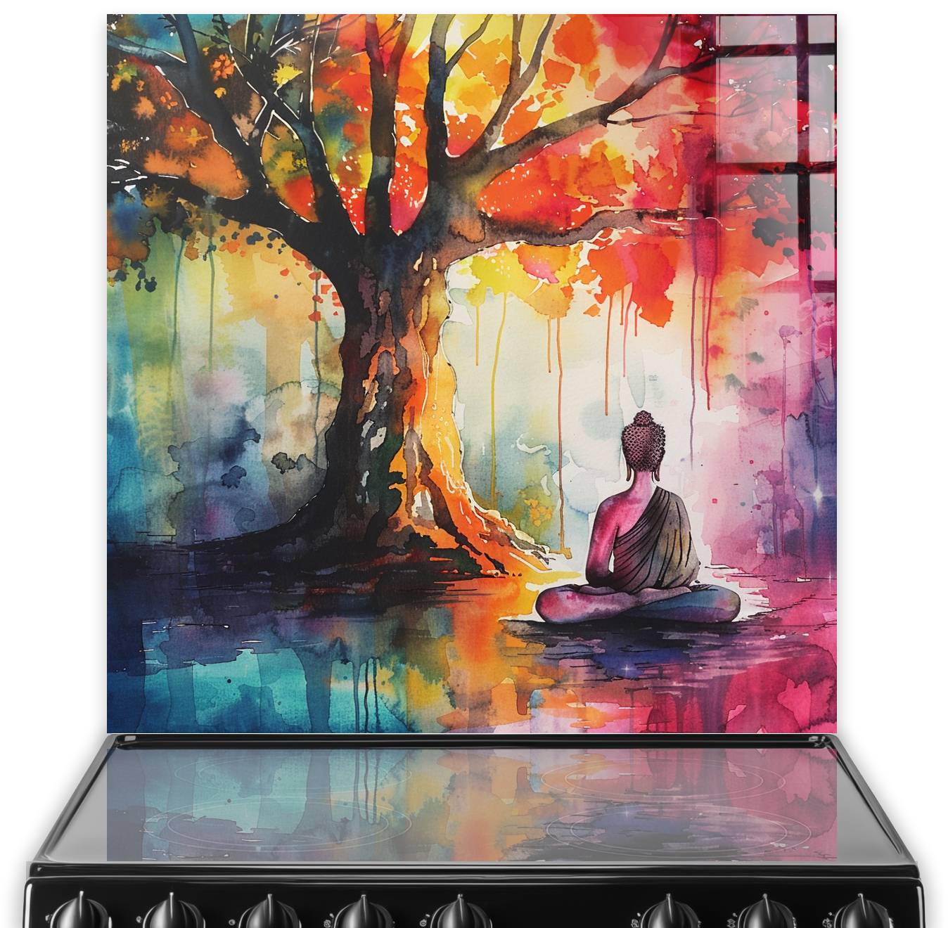 Serene Buddha meditating under a vibrant, colour-dripping tree on a glass kitchen splashback