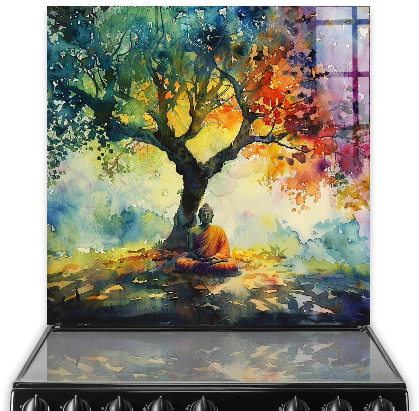 A colourful and vibrant Buddha meditation design for kitchen splashback art.