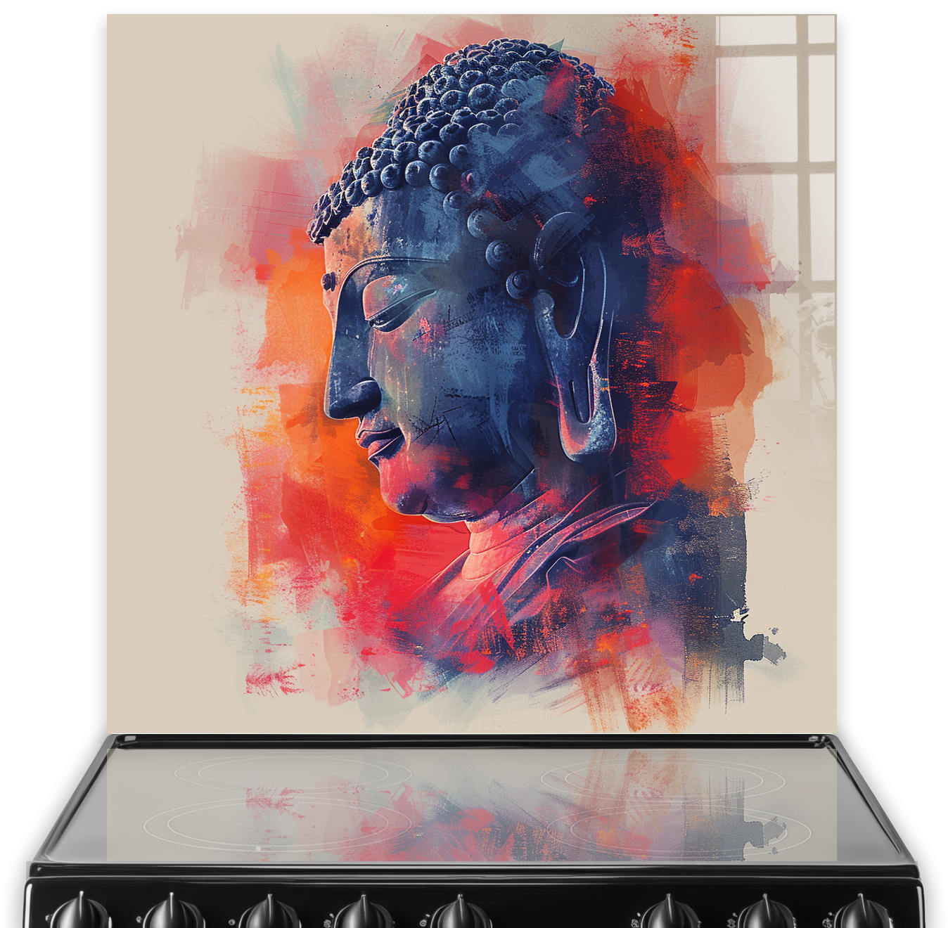 Vibrant Buddha design splashback with a blend of blue and orange colours