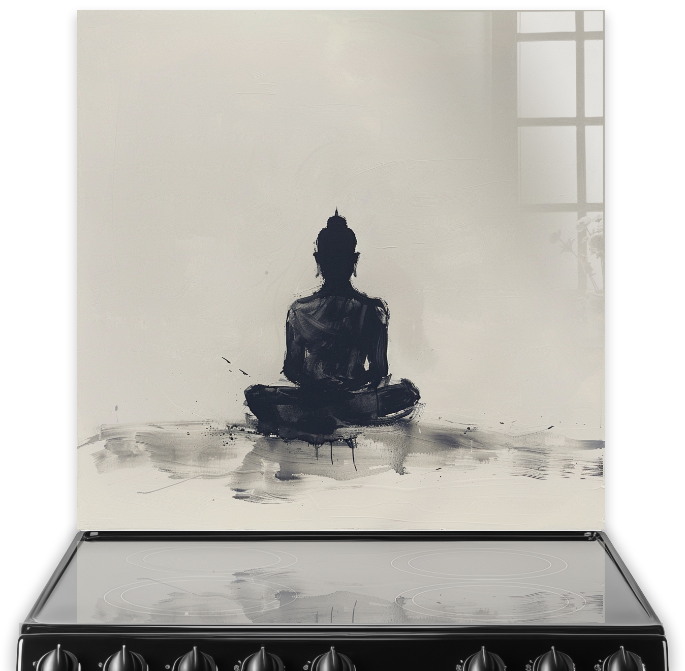 Monochrome Buddha silhouette splashback in kitchen setting
