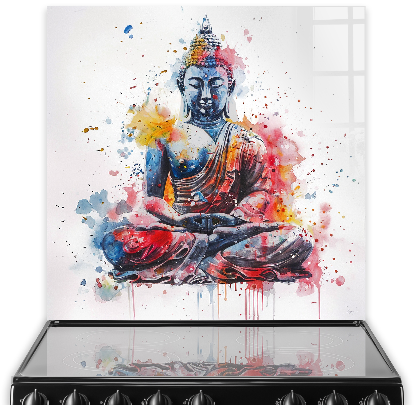 Artistic Buddha splashback with colourful paint splashes in a modern kitchen
