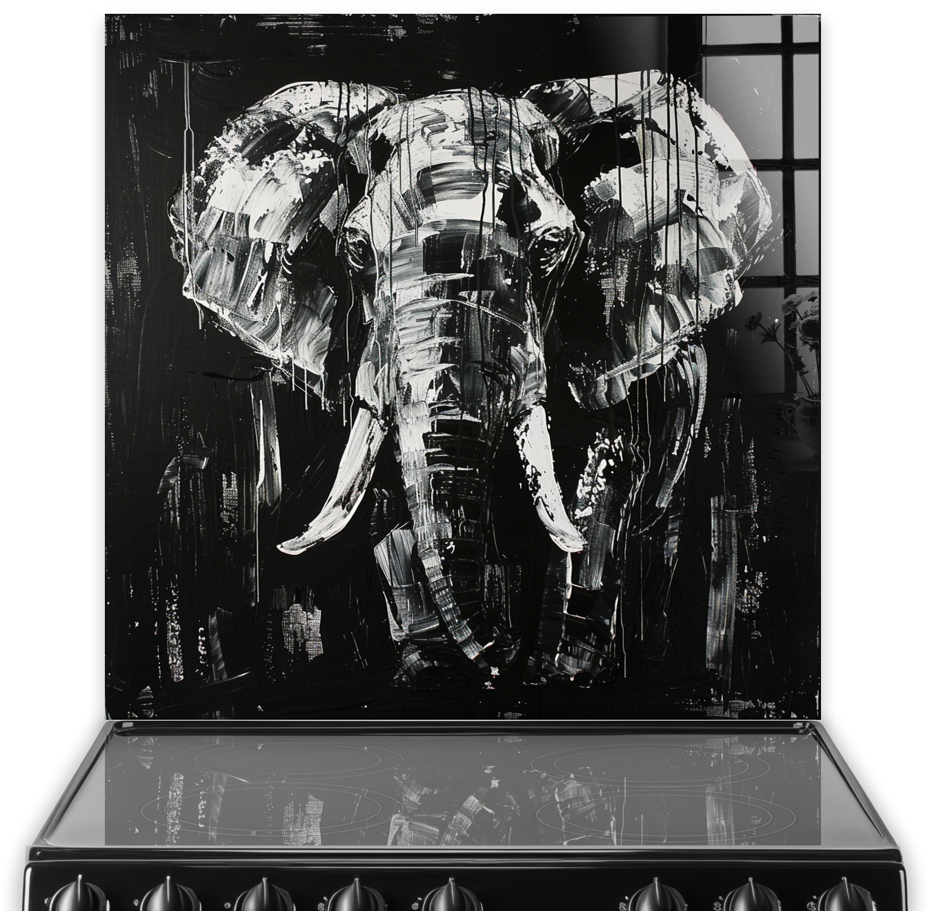 Monochrome elephant art with textured brush strokes on kitchen splashback