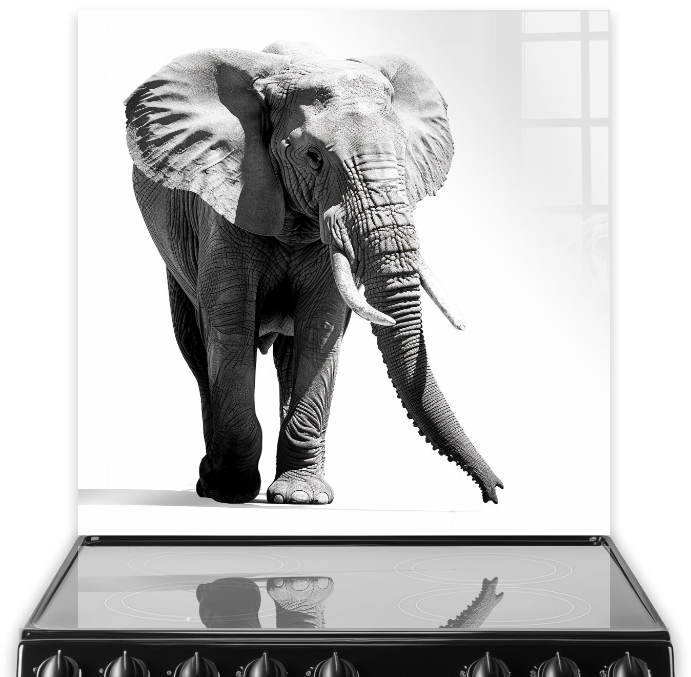 Monochrome Walking Greyscale Elephant Art on Glass Splashback