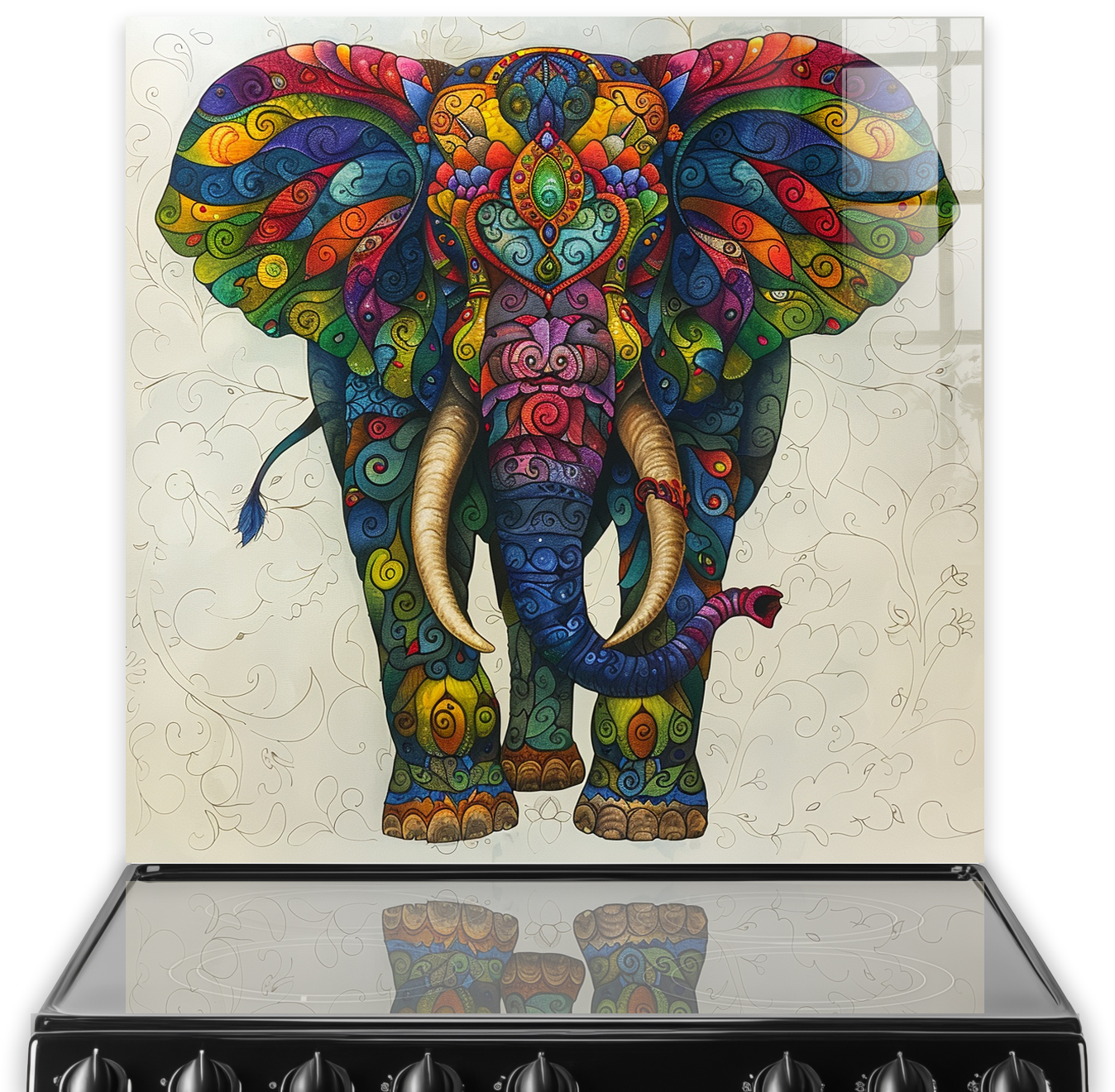 Colourful mandala-style elephant on kitchen splashback against neutral background