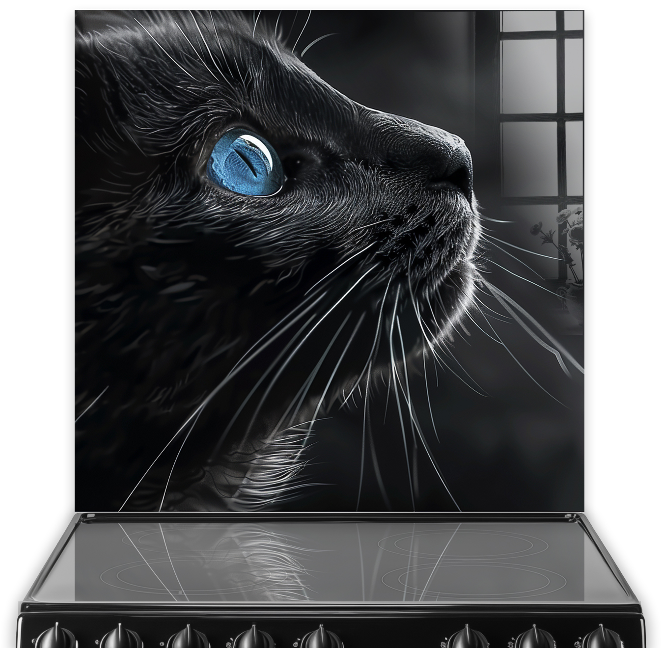 Close-up of a black cat with striking blue eyes on a kitchen splashback