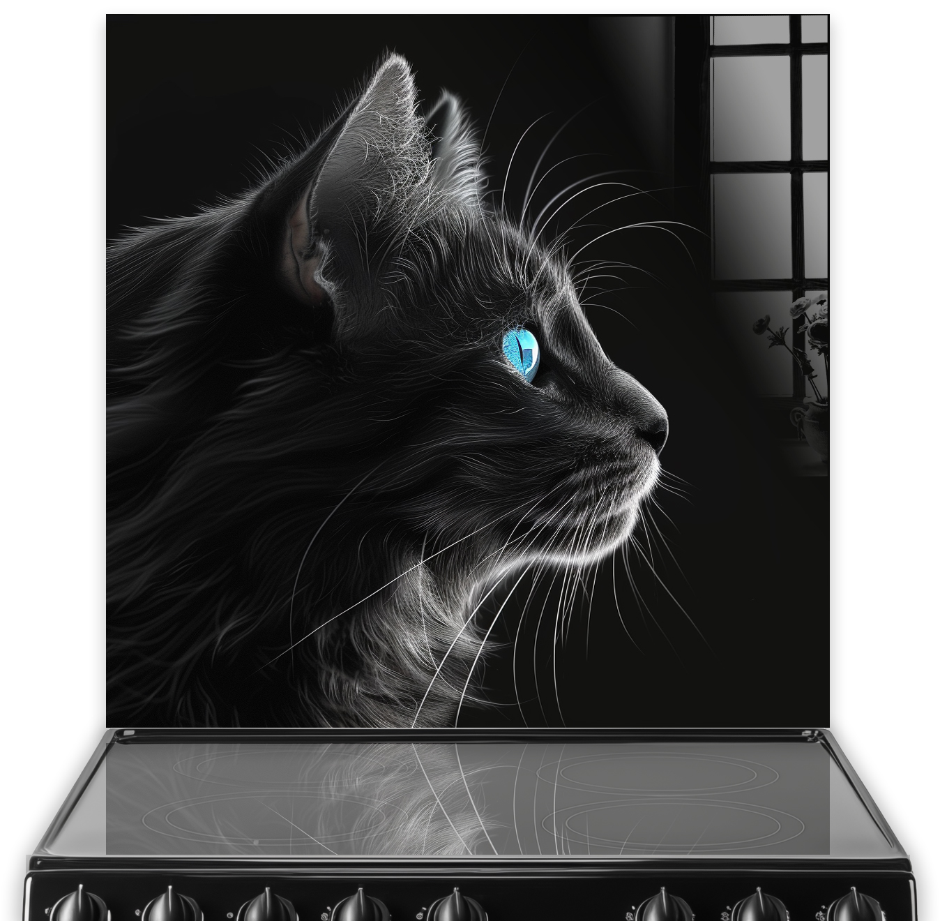 Black cat with striking blue eyes on kitchen splashback art