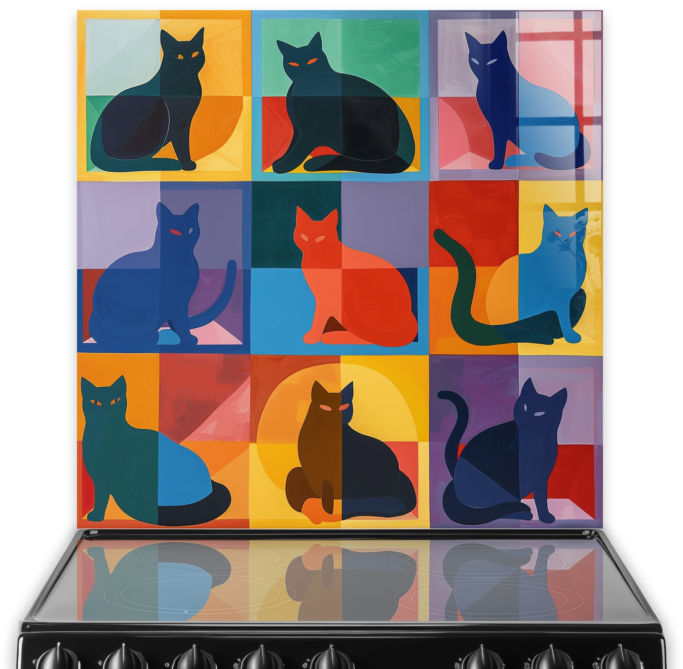 Cat silhouette mosaic splashback with colourful boxes design