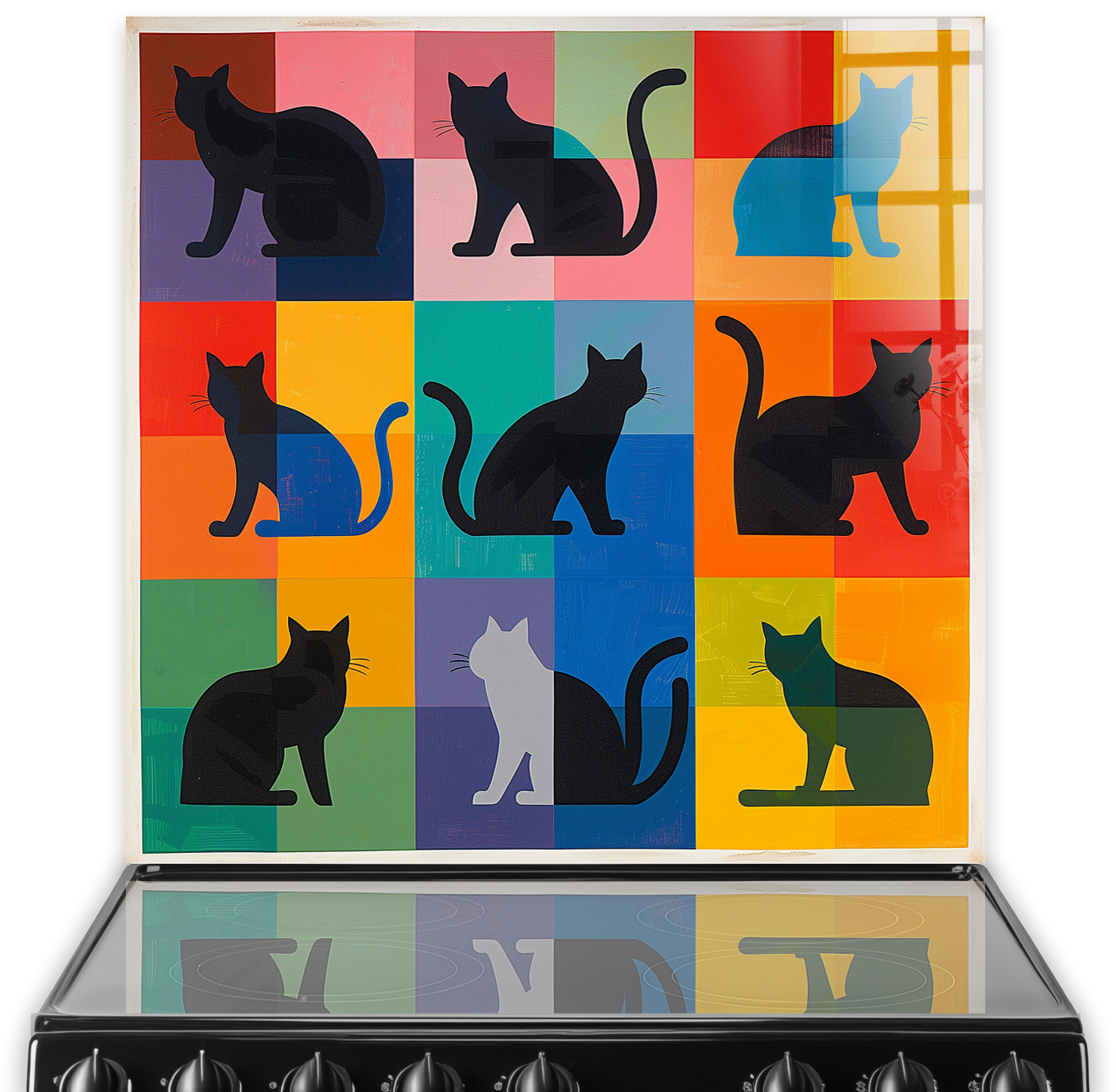 Colourful abstract cat silhouettes on a grid of rainbow colours as a kitchen splashback