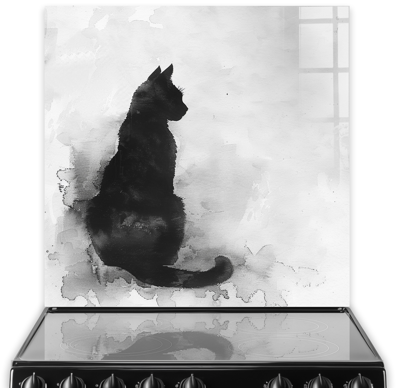 Monochromatic sitting cat splashback art in black and grey tones above a kitchen stove